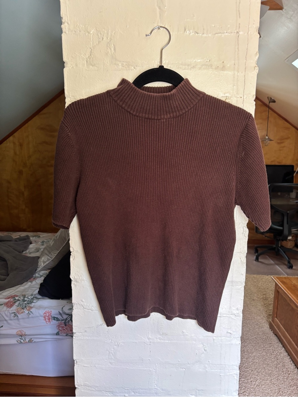 Charter Club Brown Ribbed Mock Neck Short-Sleeve Top